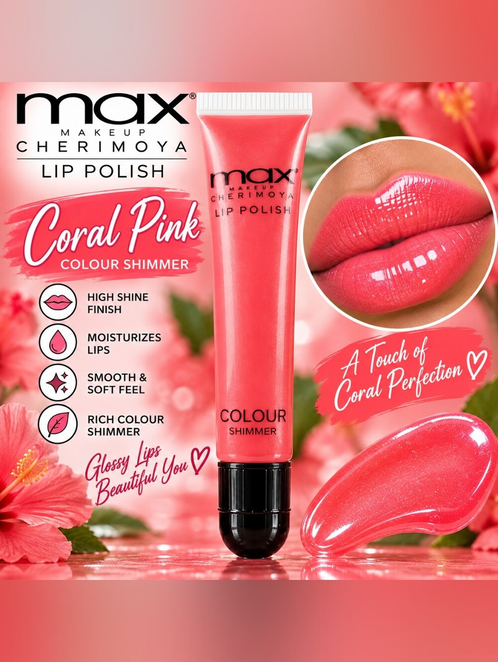 Max Cherimoya Coral Pink Lip Polish - High Shine Colour Shimmer
